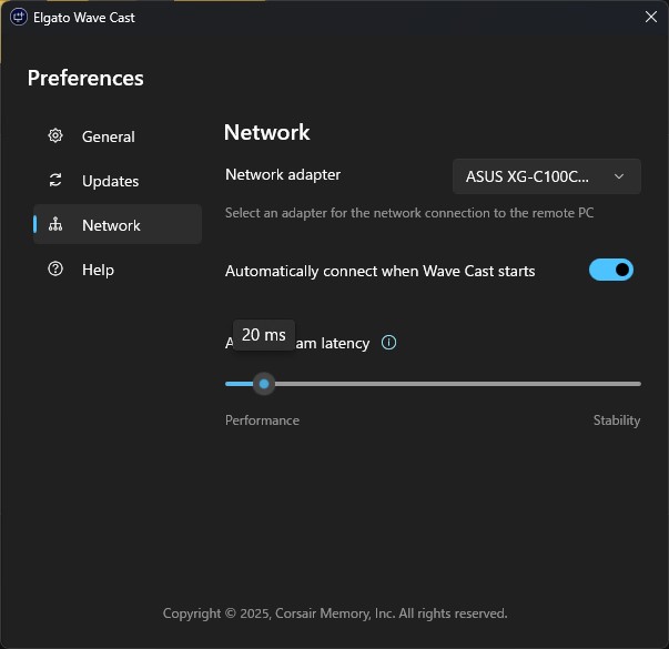 Audio Stream Latencyの丸の所を長押しするとその実際の数値が見える。デフォルトでは20ms