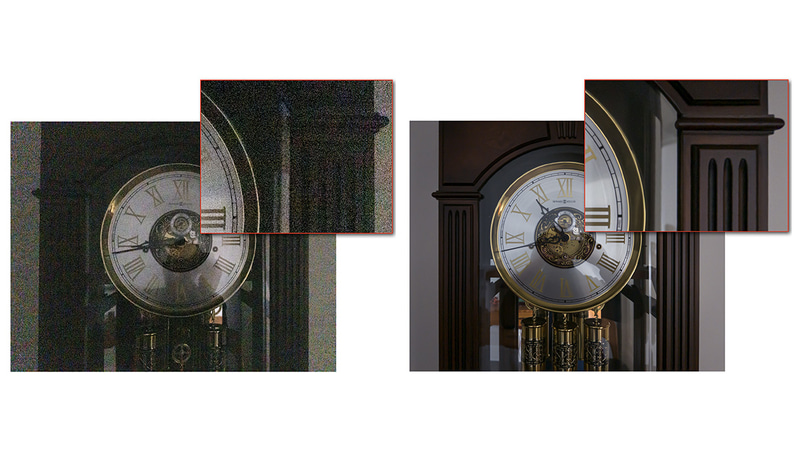 暗い環境(1/10lux)で撮影した場合の比較。左が単一の写真、右が32枚のフレームから合成した写真