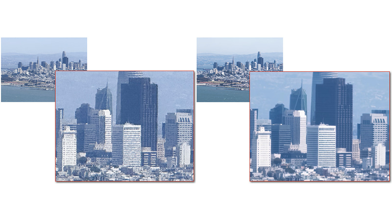 iPhoen 16 Pro Maxの5倍望遠レンズをピンチインして10倍にした例。左は通常撮影、右はマルチフレームスーパーレゾリューションを使った場合