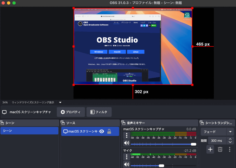 メイン画面上部のプレビューエリアに、選択したディスプレイの映像が表示されます。赤枠をドラッグしてサイズを変更したり、位置を調整したりすることが可能です