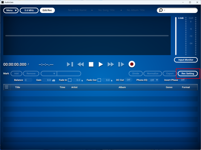 メイン画面の右端にある「Rec Setting」ボタンをクリックして録音設定を起動する