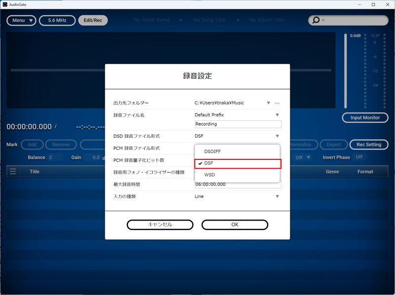 DSD 録音ファイル形式は、タグ情報の埋め込みに対応しており管理が容易な「DSF(DSD Stream File)」を選択したほうがよい。DSF形式のファイルであれば、DSD再生を謳う音楽再生アプリやデジタル音楽プレーヤーでほぼ間違いなく再生できる