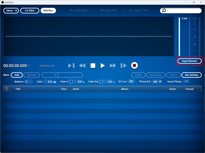 メイン画面右にある「Input Monitor」をクリックした後、レコードの再生を開始する