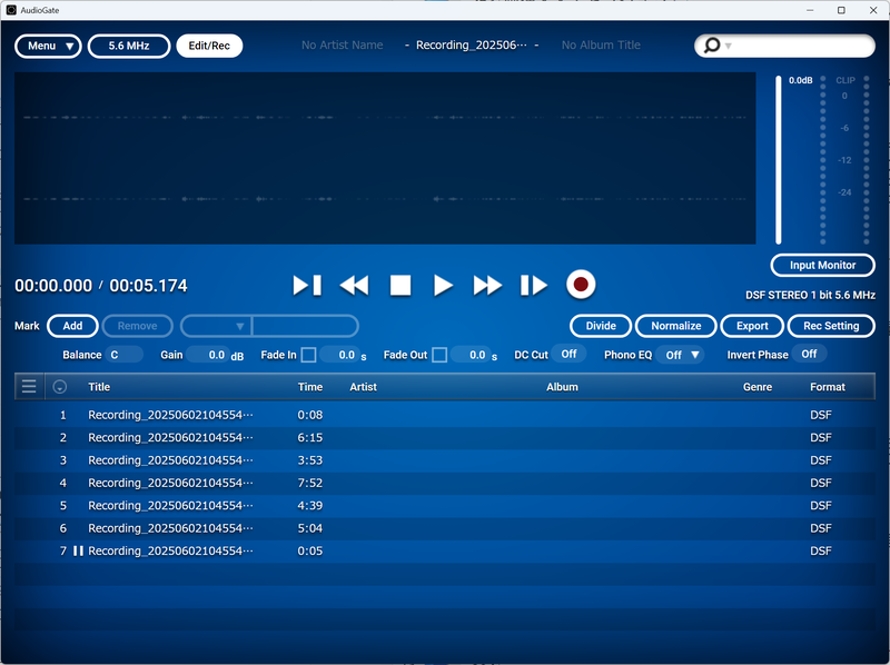 これを繰り返して、録音したデータを曲単位に分割する