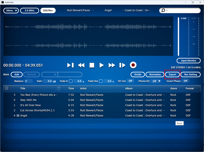 Exportしたい曲をすべて選択して「Export」ボタンをクリックする