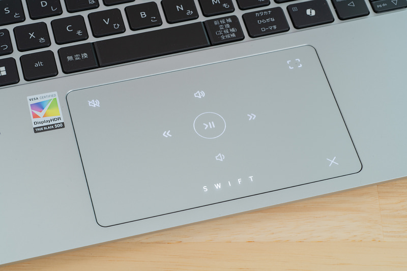 下にあるSwiftロゴをスワイプすると音楽や動画の再生に便利なショートカットが浮かび上がる。さらにスワイプするとWeb会議で活躍できるショーットカットに切り替わる仕組みだ