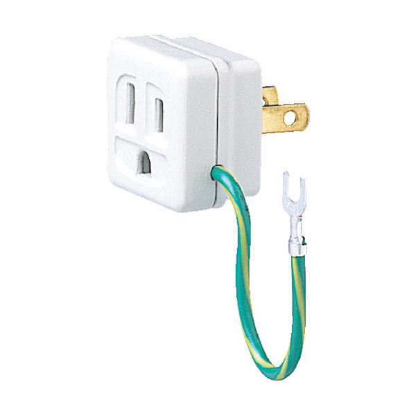 機器が3極電源プラグでコンセントに差さらない場合は、写真のような変換コネクタ(パナソニック製「接地15Aアダプタ」(WH2891P))などを利用して、2極のコンセントをアース線に分離できる