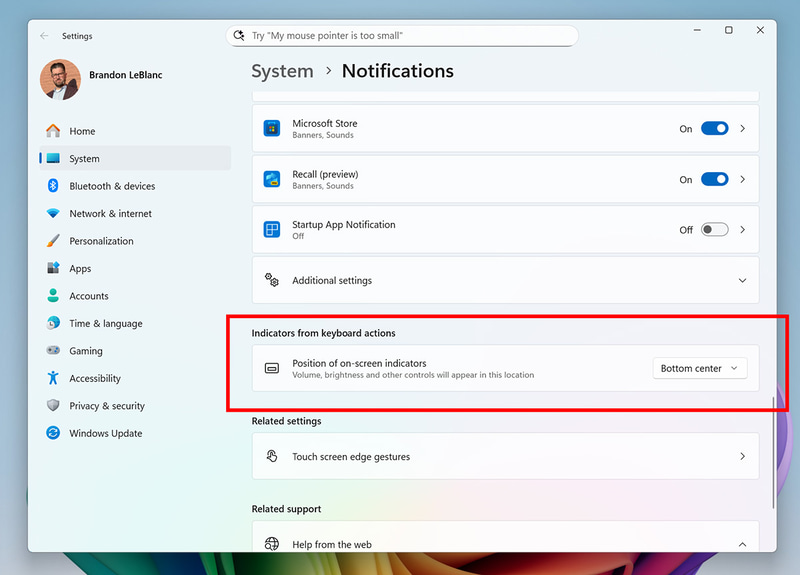 音量などのインジケータの表示位置が変更可能に