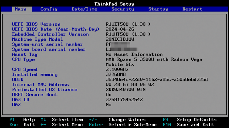 ThinkPad E495のUEFI BIOS画面。「F1」キーを連打して表示させた。世代によってはマウスが使えるグラフィカルなUIで操作できるモデルもある