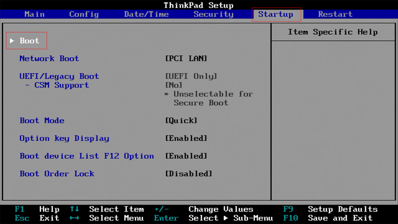 左右キーで「Startup」のタブを選択し、「Boot」でEnterキーを押す