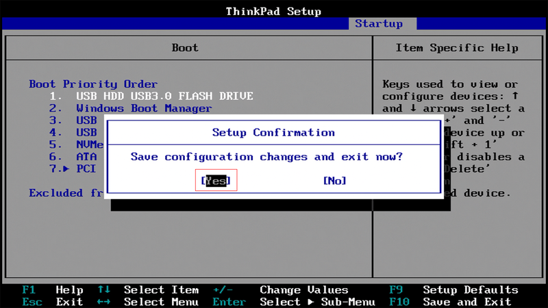 変更したら設定を保存する必要がある。今回は「F10」キーを押すとSave and Exitとなり、確認画面が表示される。問題なければ「Yes」が選択されていることを確認して「Enter」キーを押す