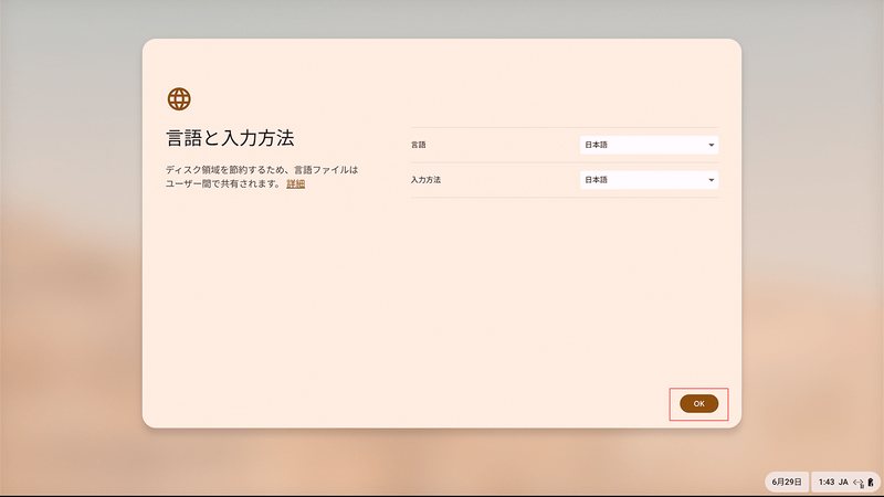 画面のように、言語と入力方法がどちらも「日本語」になっていれば「OK」を選択