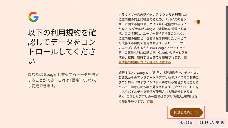 利用規約を確認し、必要に応じてトグルスイッチをOFFにし、問題なければ「同意して続行」を選択