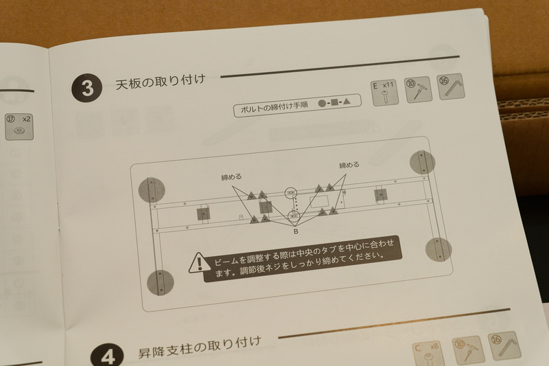 マニュアルのこのへんとフレームの穴を見て、必要そうなネジとかをホームセンターで購入