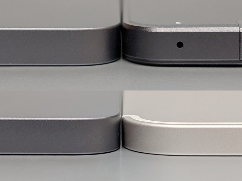 厚みの比較。いずれも左が本製品、右は上がMaxPad I8、下がiPad mini。側面が切り立っていることで実際以上に厚みを感じやすい