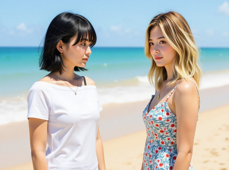 Two women standing facing each other on the beach