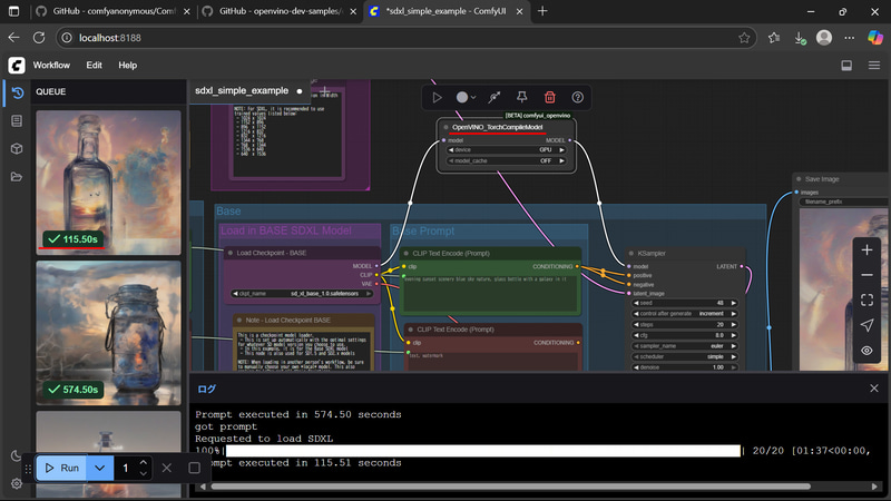 ComfyUIでOpenVINO_TorchCompileModel を Load checkpoint/MODEL と KSampler/model の間に入れたWorkfow。device: GPU、mode_cache: OFF