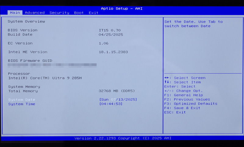 BIOS / Main。起動時[DEL]キーで表示