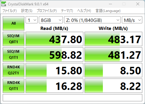 こちらはSATAのSSD(Gigastone製)でテストしたところ。ローカルとほとんど遜色ないだろう