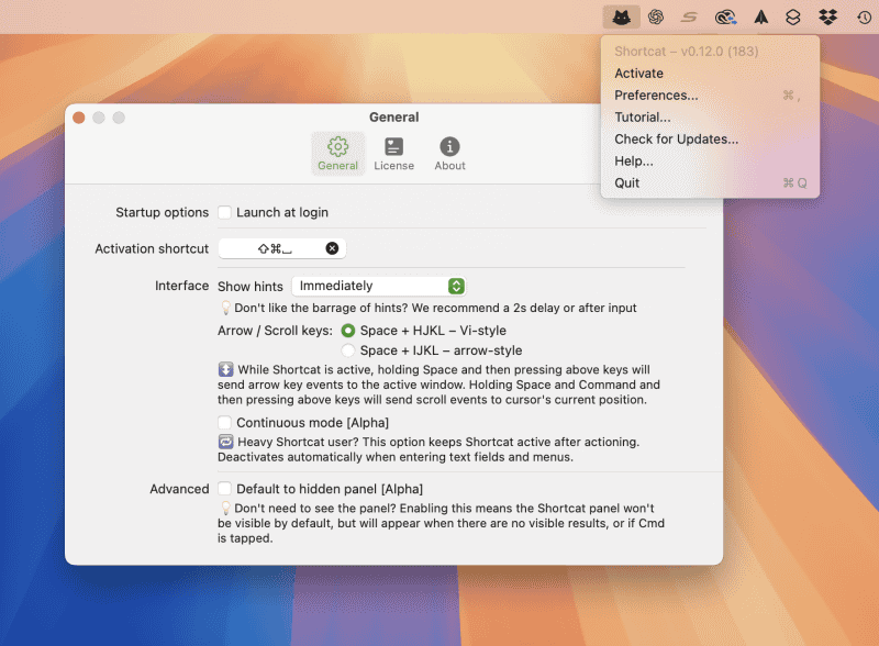 メニューバーに表示されるShortcatのアイコンをクリックすると各種メニューが表示されます。[Preferences]を選ぶと、アプリの設定を行なえます