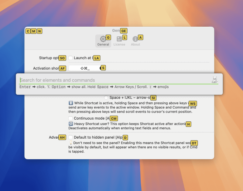 Shortcatを呼び出すと検索フィールドが表示され、キーボードで操作可能な項目に黄色のラベルが付与されます