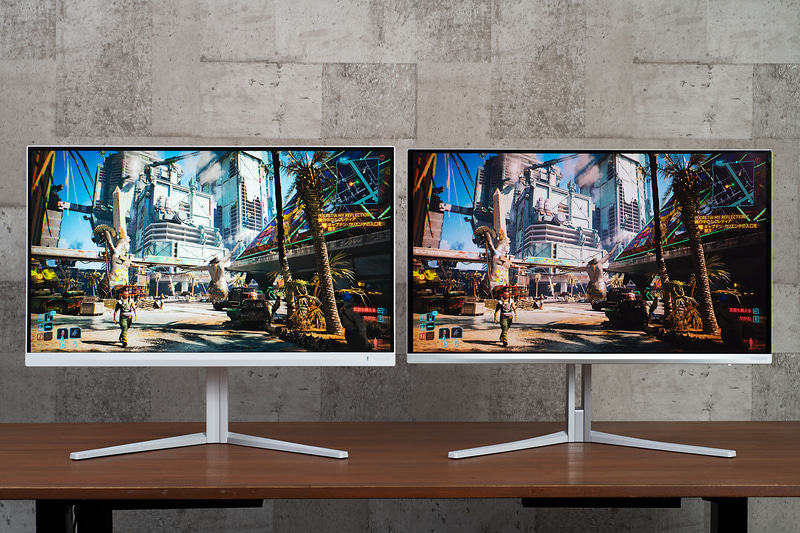 サイバーパンク2077の同じシーンでも27M2N5501/11(左)よりも27M2N8800/11(右)のほうが明暗が際立っているのが分かる