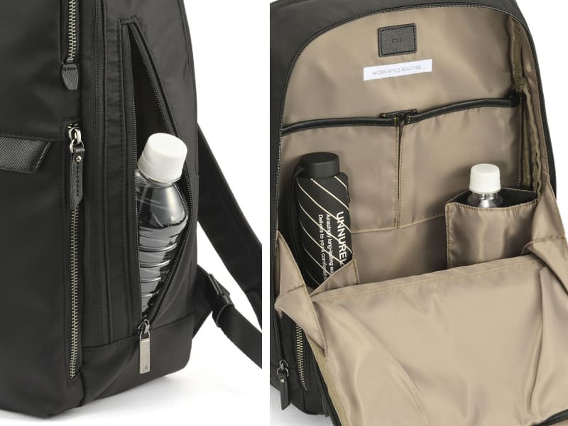 リュックのボトルホルダーはメイン収納部と側面のどちらからでもアクセスできる