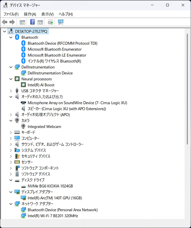 デバイスマネージャー/主要なデバイス。1TB SSDは「BG6 KIOXIA 1024GB」。Wi-FiはIntel Wi-Fi 7 BE201、BluetoothもIntel製