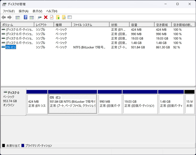 ストレージのパーティション。C:ドライブのみの1パーティションで約931GBが割り当てられている。BitLockerで暗号化