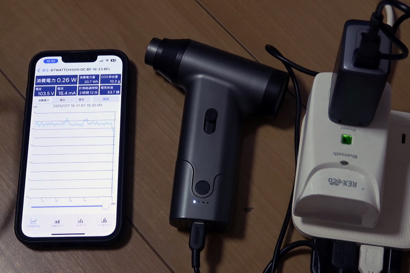 消費電力の測定にはワットチェッカー「REX-BTWATTCH1」を使用。電気料金は別途計算している
