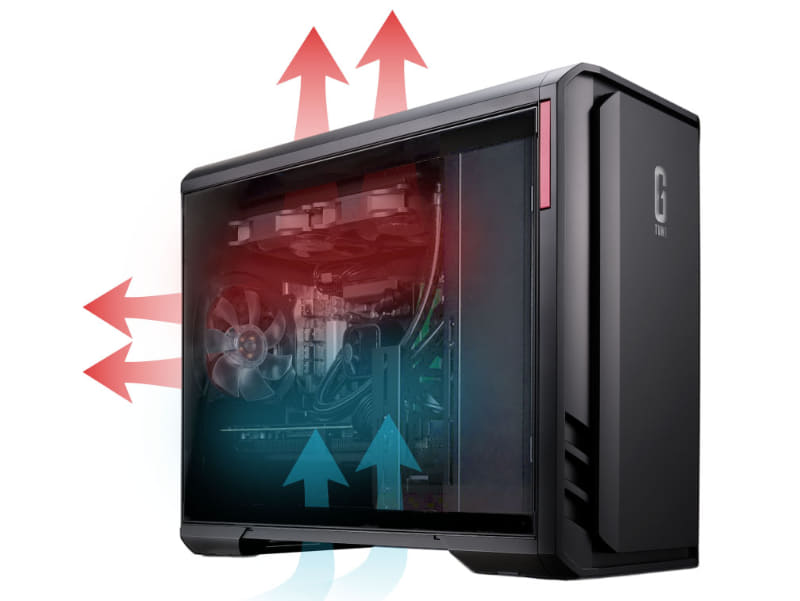 底面吸気、背面/上面排気のエアフロー設計