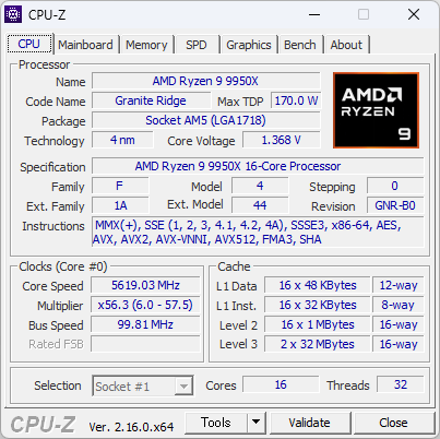 Ryzen 9 9950XのCPU-Z実行画面