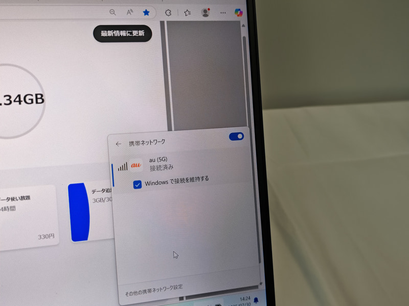 回線はpovoではなくauと表示される、これはWindows側の仕様