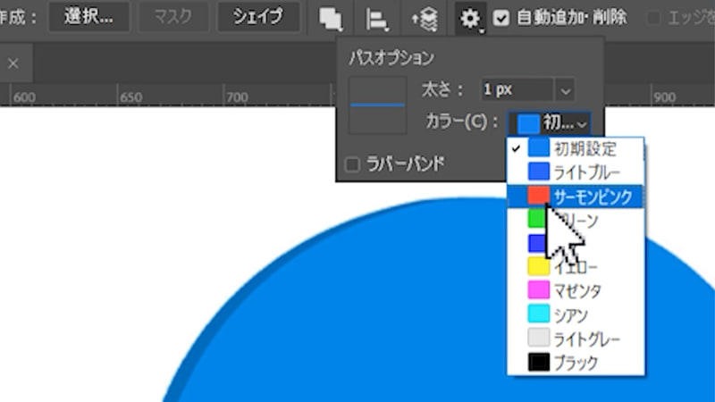 パスの色が同化して見えにくい場合は、オプションバーの歯車のアイコンをクリックして色を変更できます