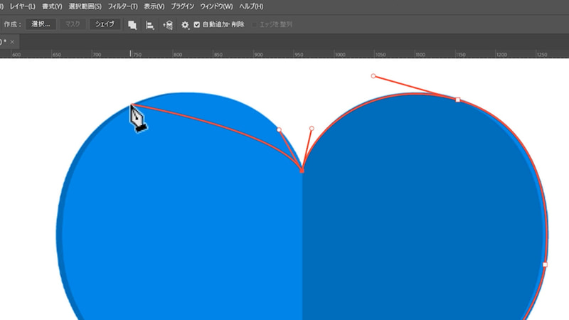 ペンツールのコントロールが難しい場合は、オプションバーの歯車のアイコンから「ラバーバンド」にチェックを入れることでパスの軌道を表示可能です