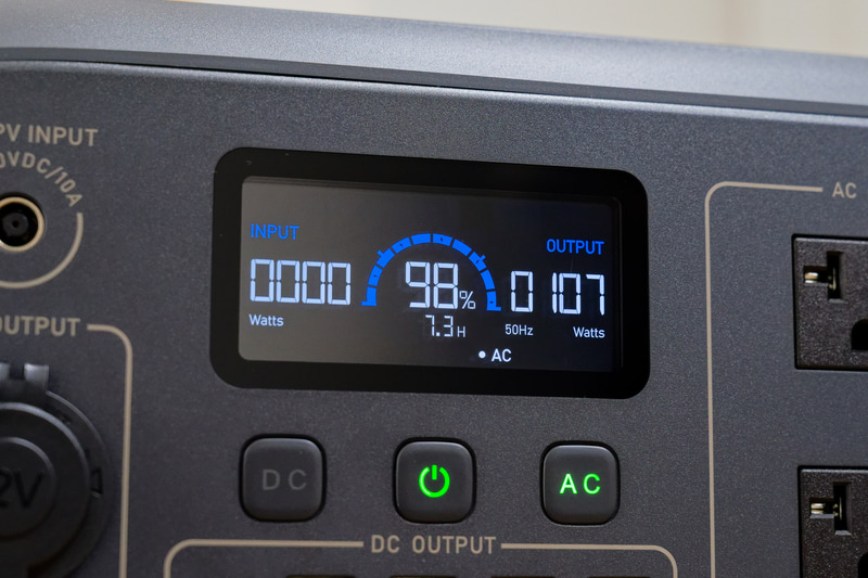 ポータブル電源の多くがディスプレイを備える。リアルタイム表示される消費電力量が参考に