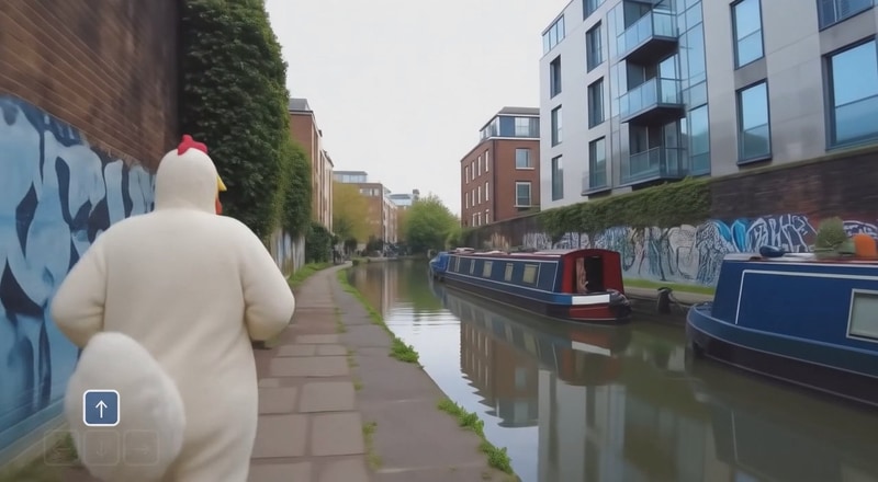 ロンドンの川沿いでニワトリの着ぐるみを着た人をテキストプロンプトで追加