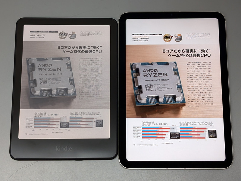 左が本製品、右がiPad mini。写真では特に発色の違いが顕著に出る。バックライトの有無も大きく影響している