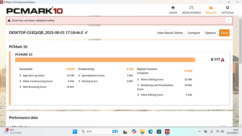 「PCMark 10」の総合スコアは8,117、Essentialsは10,870、Productivityは8,330、Digital Content Creationは16,026