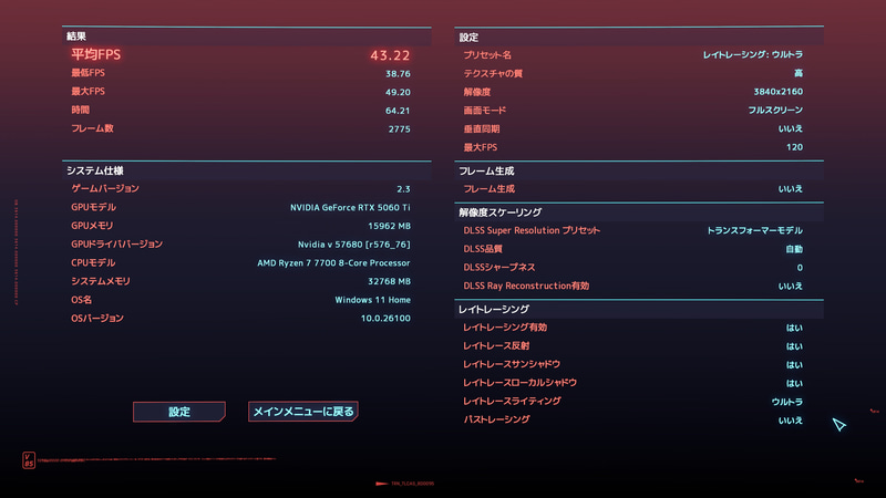 「サイバーパンク2077」(3,840×2,160ドット、レイトレーシング: ウルトラ)のフレームレートは平均43.22fps、最低38.76fps、最大49.20fps