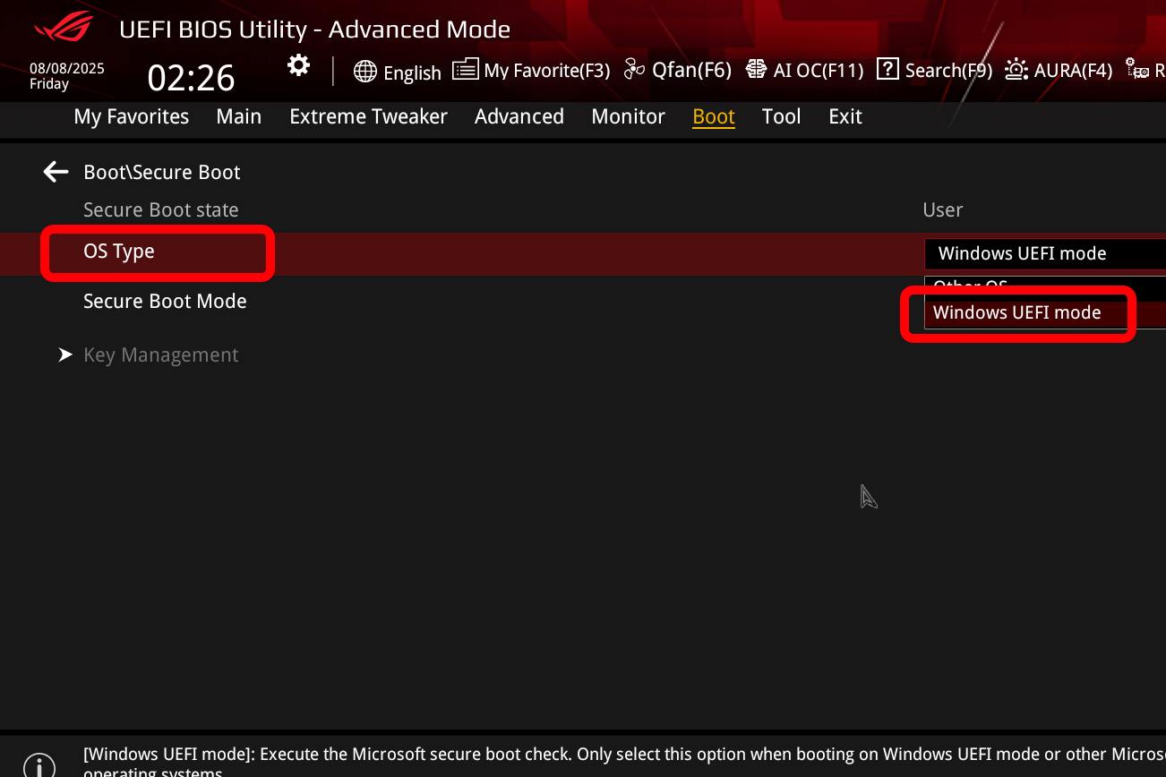 「OS Type」を「Windows UEFI mode」に設定する