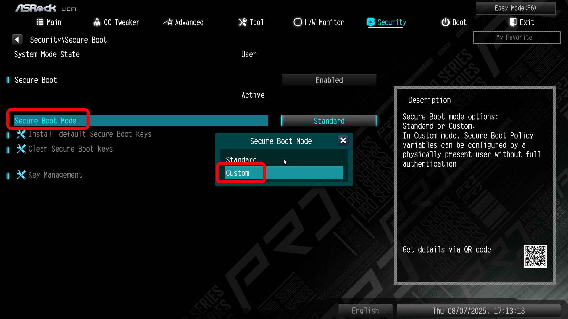 上部のメニューを「Security」に移動。「Secure Boot」内にある「Secure Boot Mode」の設定を「Custom」に変更