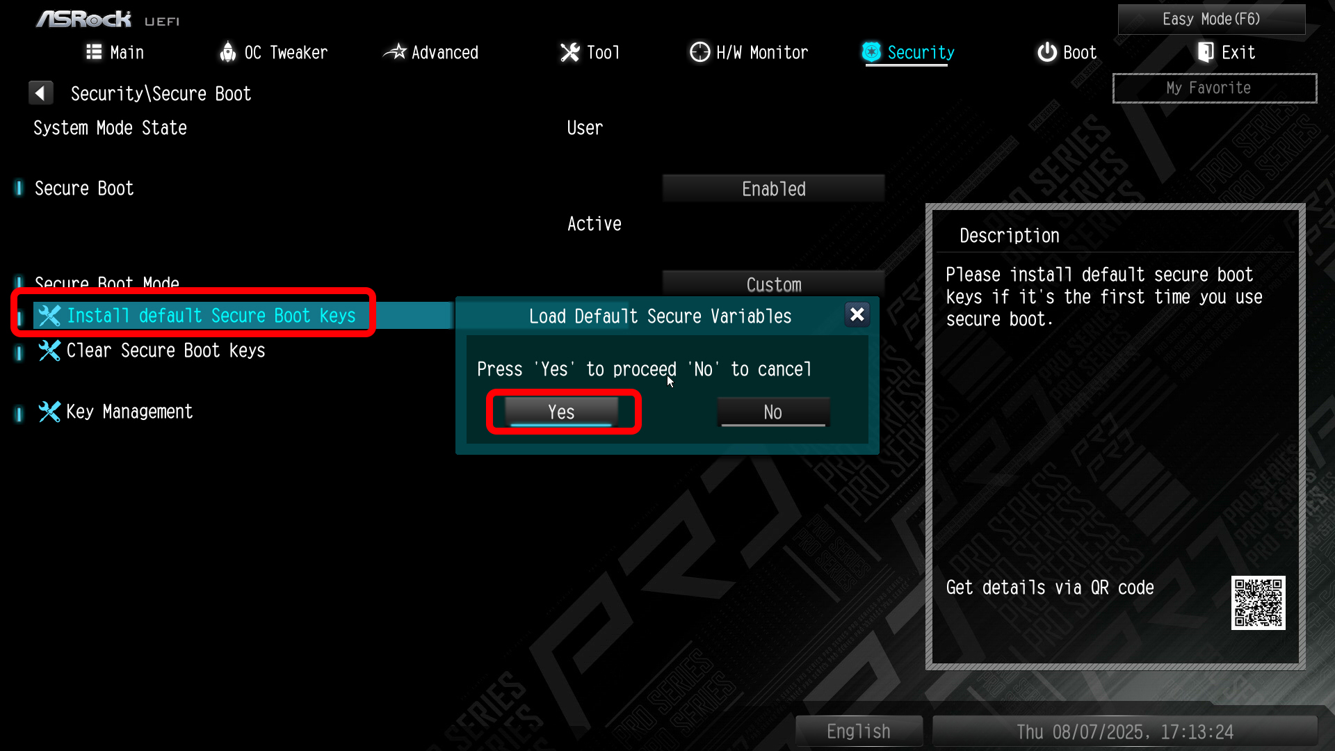「Install default Secure Boot keys」を開いて、「Yes」を選択