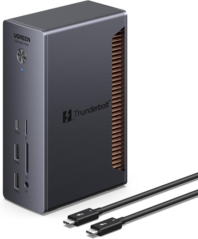 <a href="https://uk.ugreen.com/products/revodok-max-thunderbolt-5-13in1-docking-station-140w-120gbps-8k60hz" class="n" target="_blank">製品ページのURL</a><br>価格: 6万円前後●Thunderbolt 5(アップストリーム、120Gbps、最大140W)●Thunderbolt 5ダウンストリーム(120Gbps、最大30W、最大8K/60Hz)×1●Thunderbolt 5ダウンストリーム(120Gbps、最大15W、8K/60Hz)×2●USB 3.2 Gen 2 Type-C(10Gbps、最大20W)×1●USB 3.2 Gen 2 Type-A(10Gbps)×2、USB 3.2 Gen 1 Type-Aポート(5Gbps)×2●2.5Gigabit Ethernet●SDカードスロット(最大312MB/s)※●microSDカードスロット(最大312MB/s)※●オーディオ入力●オーディオ出力●サイズ: 約116×116×75mm●重量: 約1,086g <span class="fnt-75">※最大対応容量は非公表</span>