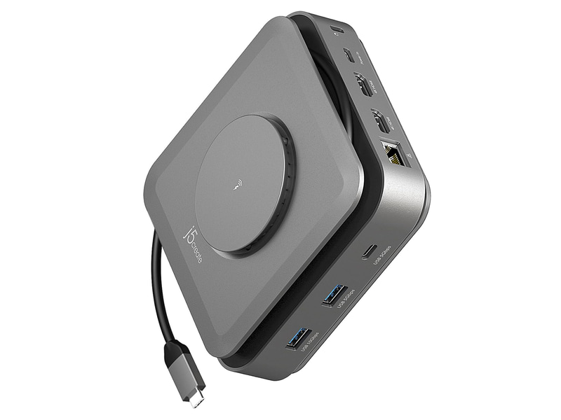 <a href="https://jp.j5create.com/products/jcd3199" class="n" target="_blank">製品ページのURL</a><br>価格: 1万8,000円前後●USB 3.2 Gen 2 Type-C(アップストリーム、10Gbps、最大100W)●電力入力専用USB Type-C(最大140W)●USB 3.2 Gen 2 Type-C(10Gbps)×1●USB 3.2 Gen 1 Type-C(5Gbps)×1●USB 3.2 Gen 2 Type-A(10Gbps)×1●USB 3.2 Gen 1 Type-A(5Gbps)×1●HDMI(最大4K/60Hz)×1●HDMI(最大4K/30Hz)×1●1Gigabit Ethernet●SDカードスロット(最大2TB、最大104MB/s)●microSDカードスロット(最大2TB、最大104MB/s)●オーディオ出力●マグネット式ワイヤレス充電パッド(最大15W)●サイズ: 130×130×43.5mm●重量: 約416g