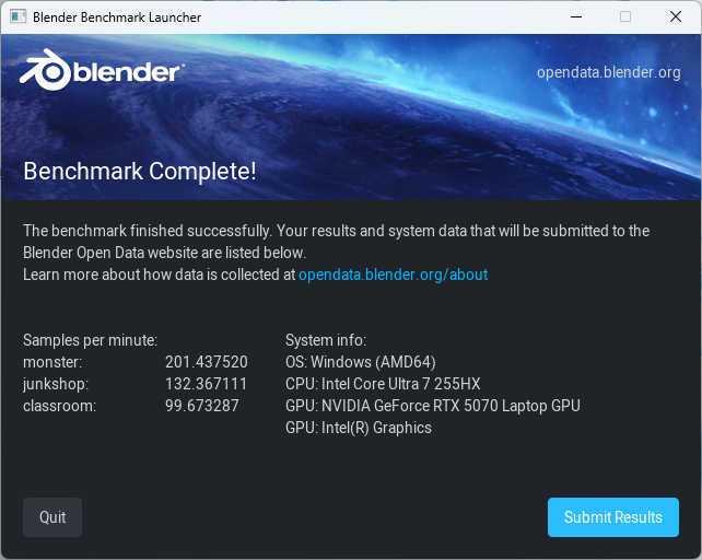 Blender Benchmark。左はCPU、右はGPU