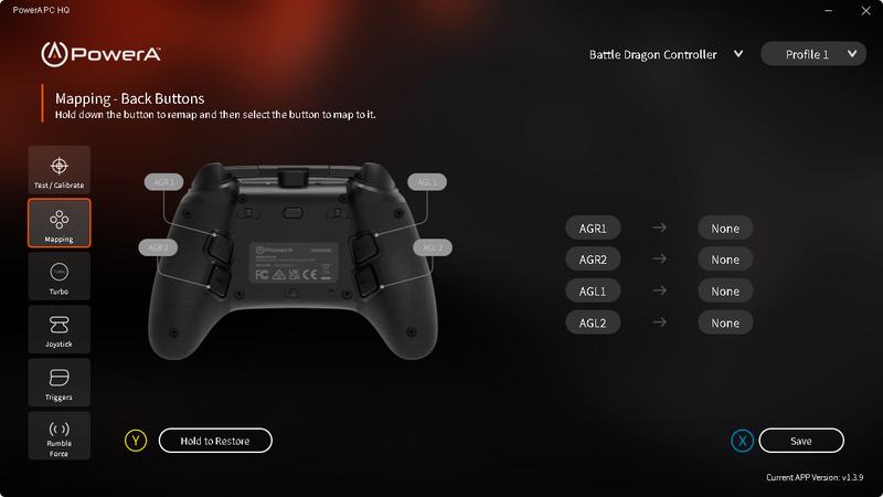 専用ソフト「PowerA PC HQ」で背面ボタンの機能変更など、さまざまな設定ができる