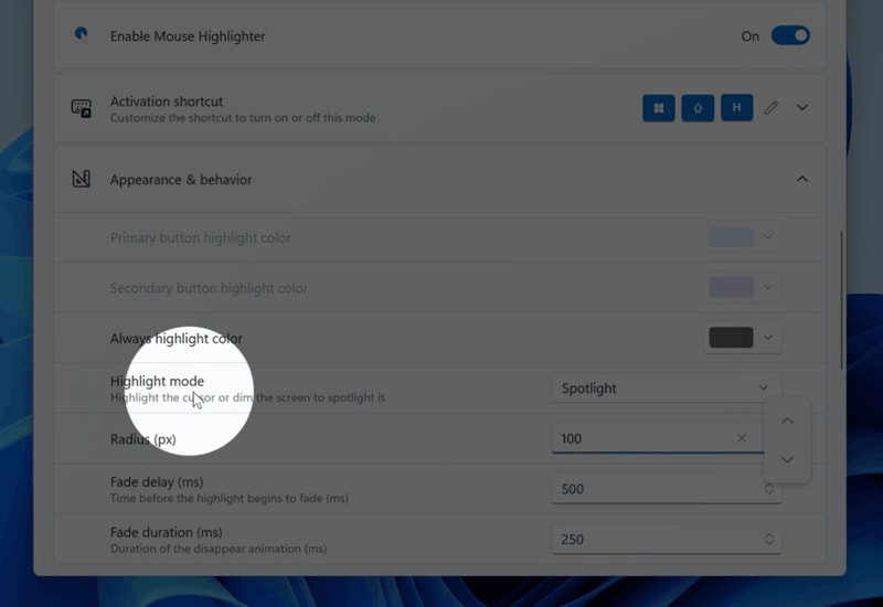 マウスの蛍光ペンのスポットライト表示オプション