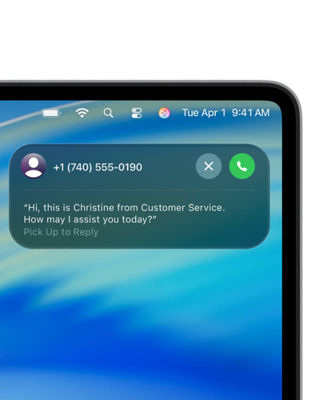 左は「着信スクリーニング」、右は「保留アシスト」の画面。迷惑電話がかかってきても「着信スクリーニング」なら対応せずに済むし、サポートセンターのオペレーターにつながるのを待っている間もMacで作業を続けられる