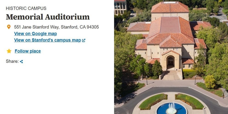 「Hot Chips 2025」の会場となる「Memorial Auditorium」の外観。Stanford Universityの<a href="https://events.stanford.edu/memorial_auditorium" class="n" target="_blank">公式案内</a>から抜粋したもの